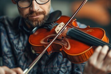 Focused music teacher playing the violin, conveying passion and skill