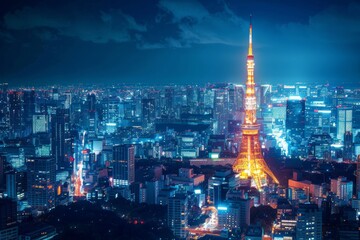 Beautiful architecture building cityscape and illuminated Tokyo Tower from the observation deck of Roppongi Hills at night in Tokyo Japan 
