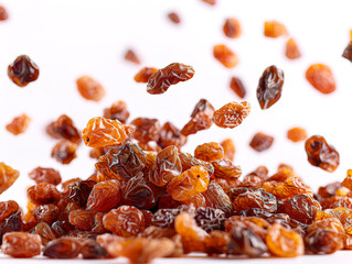 Fototapeta premium photography of RAISINS falling from the sky, hyperpop colour scheme. glossy, white background Delicious raisins in the air, isolated on a white background
