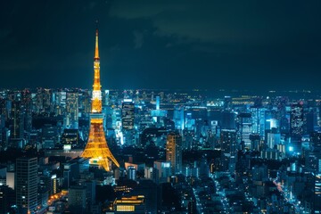 Beautiful architecture building cityscape and illuminated Tokyo Tower from the observation deck of Roppongi Hills at night in Tokyo Japan 