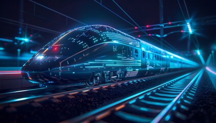 A high-speed train with glowing lines and dots, conveying the idea of digitalization in transportation technology.