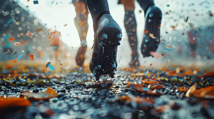 Black soccer Cleats on Wet Field with Confetti