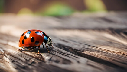 ladybug on woden background wih bokeh, ai