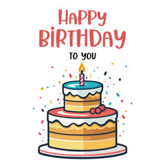 Happy Birthday and anniversary greeting card with cake. Greeting card template with cake in flat style. Sweet bakery holiday. Pastry dessert with cream and candles festive flyer. Vector illustration