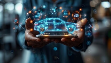 Fototapeta premium A person holding an iPhone with a holographic projection of an electric car on it, surrounded by digital connections and icons representing advanced vehicle technology and data exchange