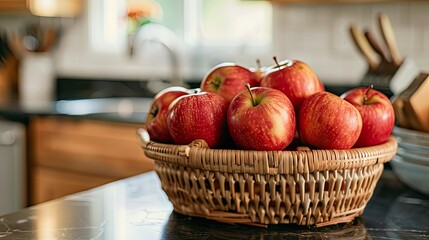 Artfully arranged basket of apples on a kitchen counter, inspiring culinary creativity and nutritious snacking