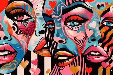 Graffiti art of three faces with hearts and stripes, love illustration 