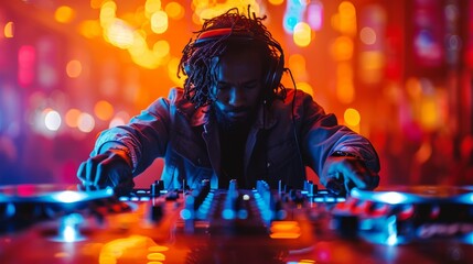 DJ performing with vibrant lights and a mask of blurred face