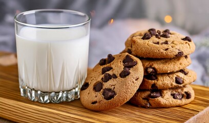 Stack of Chocolate Chip Cookies with a Glass of Milk on Wooden Table