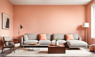 Living Room in Trendy Peach Fuzz Color for 2024, Pastel Wall Accent with Ivory Shades and Creamy White Luxury Furniture