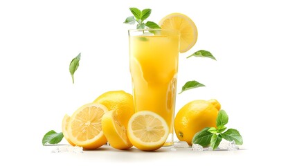 Lemon Fresh fruits beverage juice or cocktail in glass isolated on white background.