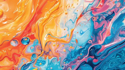A vibrant summer abstract background, swirling patterns of bold colors resembling melting popsicles and splashing water, layers of translucent shapes evoking the warmth of sunlight