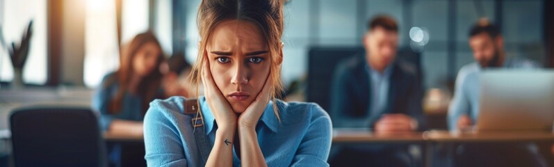 Woman sitting in front of a laptop with her hands on her face, workplace bullying concept 