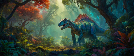 A majestic dinosaur roams through a lush green forest, towering over the trees, as its prehistoric world comes alive with vibrant colors and intricate details