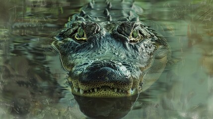 Obraz premium Crocodile lurking beneath the surface of a tranquil pond, its eyes peering out with predatory intensity