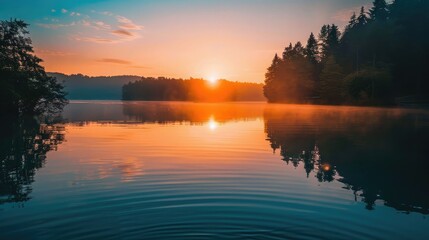 A sunrise over a quiet lake, symbolizing the tranquility and reflection found in freedom