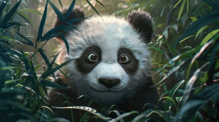 Curious panda exploring its surroundings with wide-eyed wonder, a symbol of innocence and curiosity