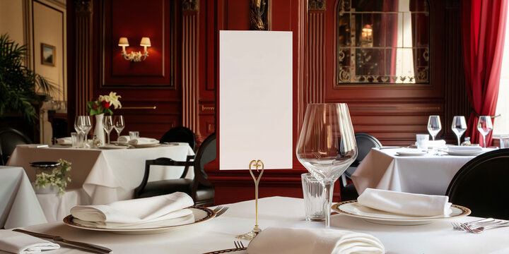 fine dining table setting of luxury fancy restaurant menu invitation card mockup for weddings and romantic eating event decoration as wide banner with empty black copy space
