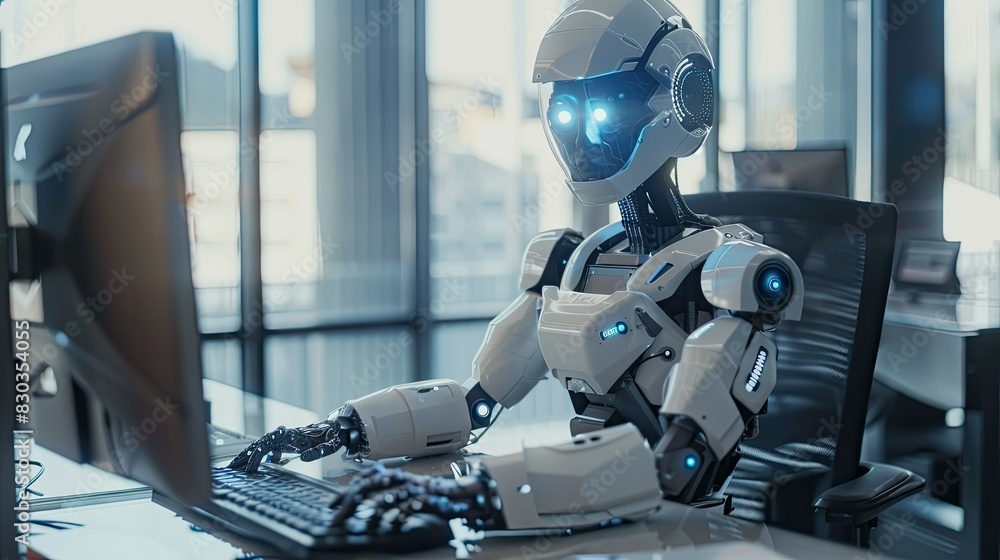 Poster futuristic office with a robot typing on a computer, symbolizing the rise of ai in business environm