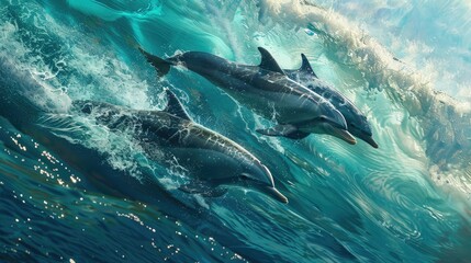 Fototapeta premium Graceful dolphins swimming playfully in the open sea, their sleek bodies cutting through the shimmering waves