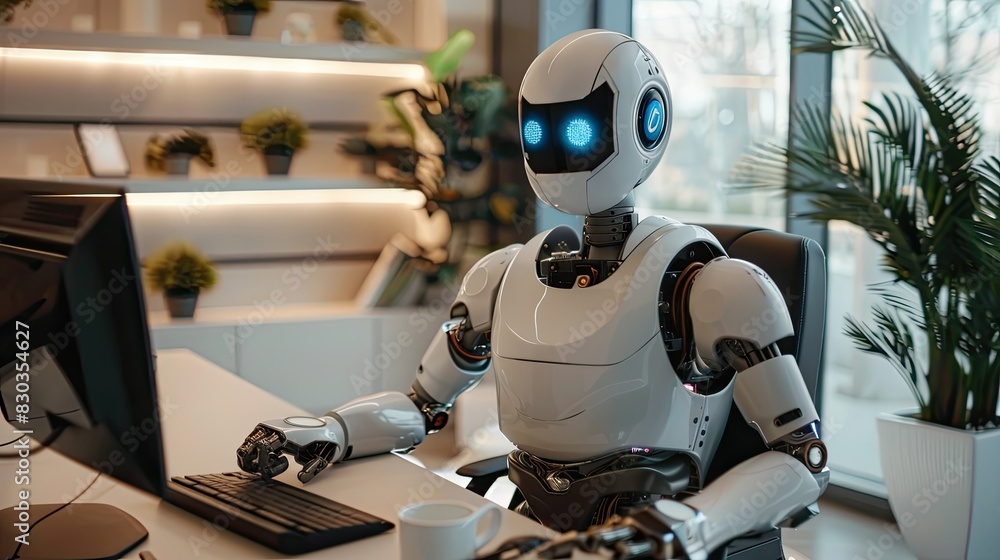 Poster humanoid robot sitting at a desk, working on a computer in a modern office setting
