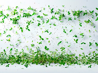 photography of THYME falling from the sky, hyperpop colour scheme. glossy, white background Thyme isolated. Thyme herb on white background. Fresh thyme plant collection is flying.