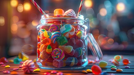 Jar filled with an array of delicious candies, a tempting sight that brings back fond childhood memories