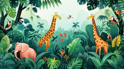 Cartoon images of animals in a lush green forest.