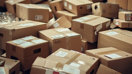 Fototapeta premium Pile of sealed shipping boxes with address labels, awaiting pickup by the delivery service