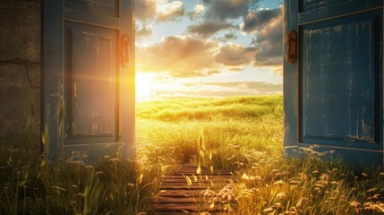 An open door to a sunlit meadow, symbolizing the opportunity and freedom of new beginnings