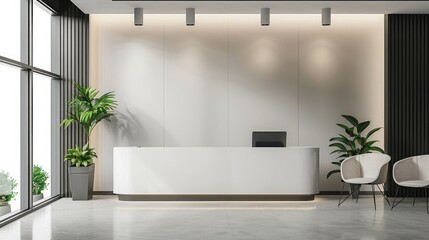 Empty office reception area with a desk and waiting chairs, representing hospitality and professionalism