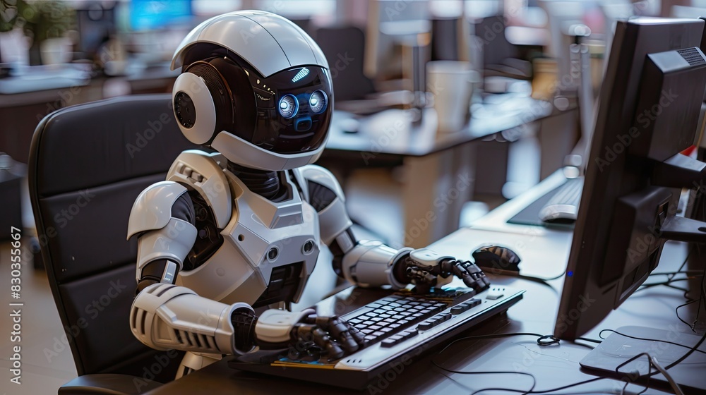 Aufkleber robot employee typing on a keyboard, its eyes fixed on the computer monitor in a corporate setting