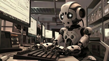 Robot employee typing on a keyboard, its eyes fixed on the computer monitor in a corporate setting