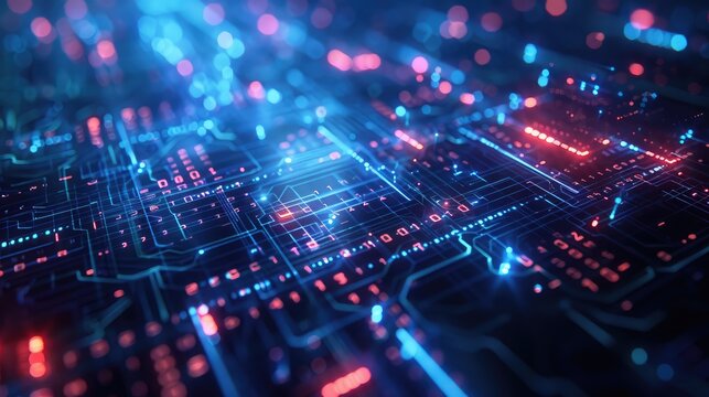 Futuristic abstract blue background featuring digital elements and glowing highlights