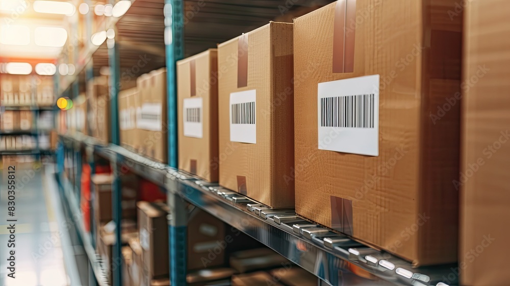 Poster row of shipping boxes with barcode labels, organized in a distribution center for efficient processi