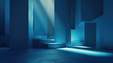 Minimalistic abstract blue background featuring geometric shapes and light reflections