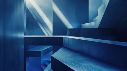 Minimalistic abstract blue background featuring geometric shapes and light reflections