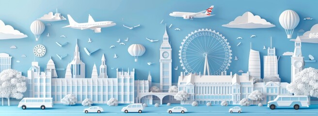 Paper art style depicting a cityscape with famous landmarks such as Big Ben, the London Eye and white transparent glass buildings in a blue background