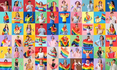 Collage of many people with LGBT flags on color background