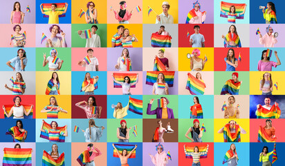 Collage of many people with LGBT flags on color background