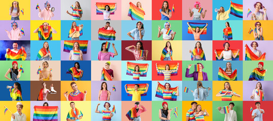 Obraz premium Collage of many people with LGBT flags on color background