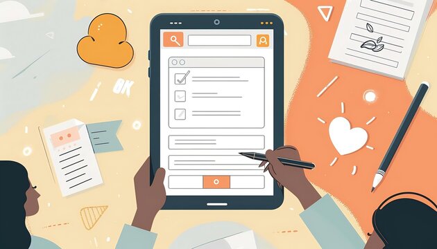 a user filling out an online customer survey form on a tablet. Feedback and Rating Concept.
