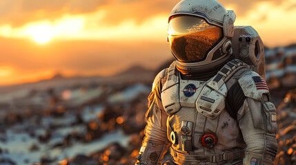 A man in a spacesuit stands on a rocky surface looking out at a vast, barren landscape. The sky is orange and the sun is setting, casting a warm glow over the scene