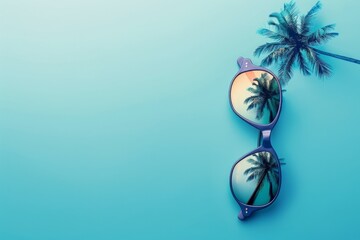 Sunglasses with palm trees and beach reflecting in the lenses on a blue background, conveying a summer vacation concept.