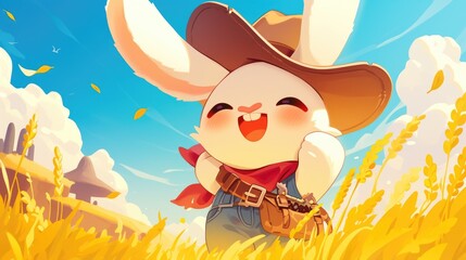 A cheerful bunny dressed up as a cowboy grinning from ear to ear in a cartoon illustration