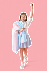 Young woman with transgender flag on pink background