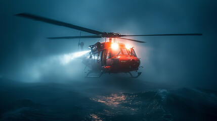 A red helicopter is flying over the ocean