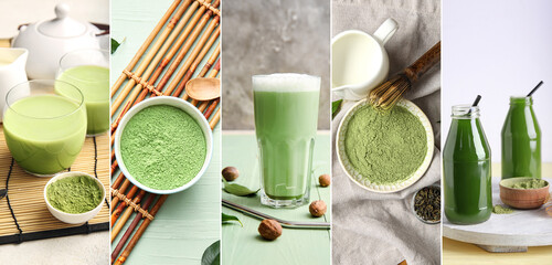 Collage of matcha beverages wsth powder on table