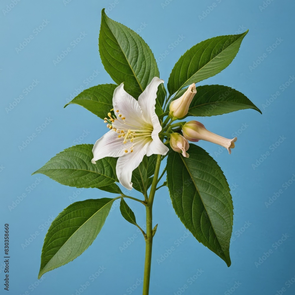 Wall mural White Flower with Green Leaves Against a Blue Background