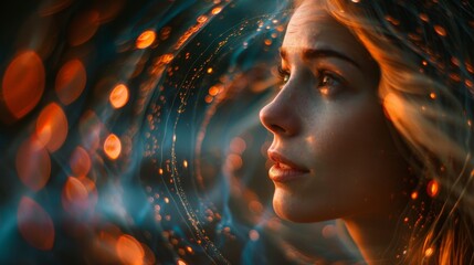 This abstract image features swirling bokeh light patterns in orange tones against a dark background